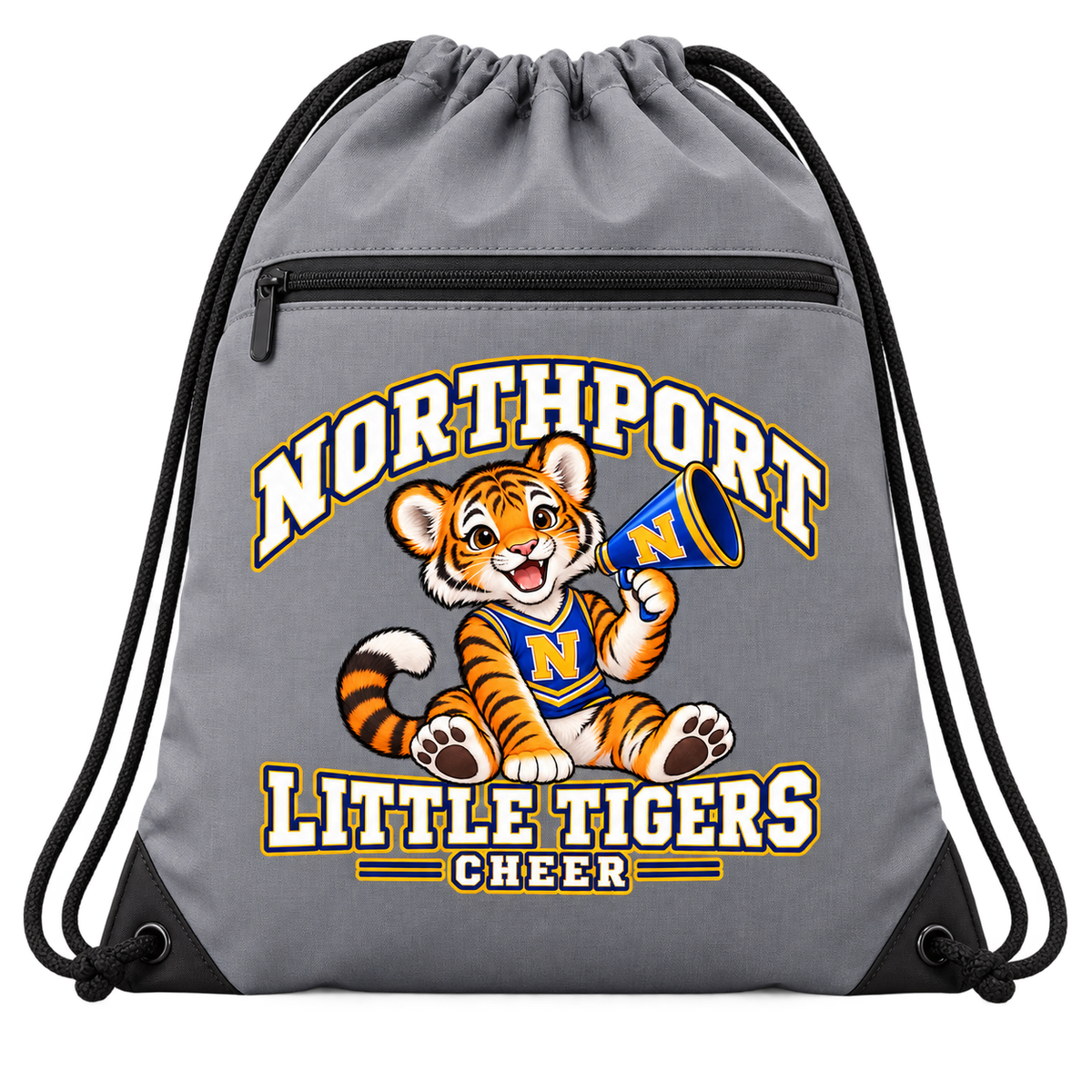 Northport Little Tigers Cheer Zip-Pocket Drawstring Bag — Gray with collegiate tiger artwork and N megaphone
