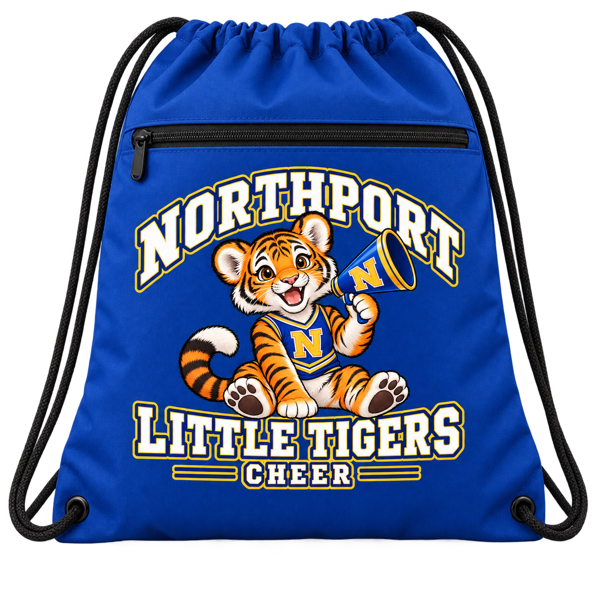 Northport Little Tigers Cheer Zip-Pocket Drawstring Bag — Royal with collegiate tiger artwork and N megaphone