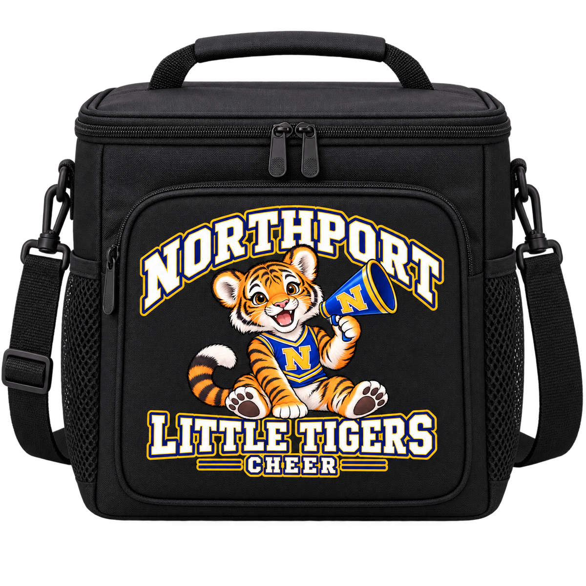 Northport Little Tigers Cheer Insulated Cooler Bag — Black with collegiate tiger artwork and N megaphone