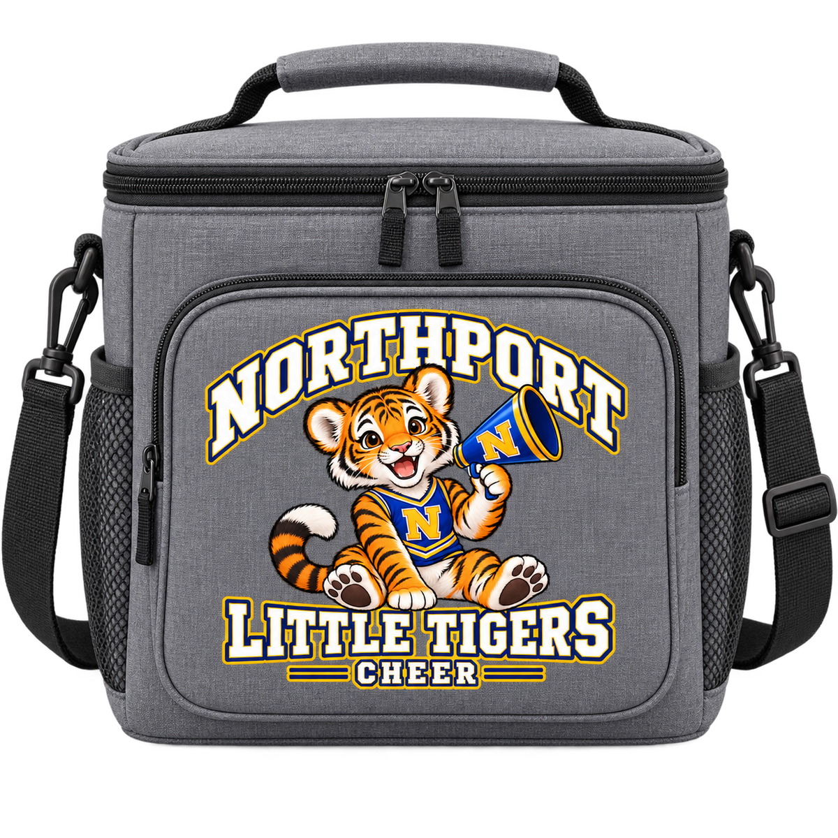 Northport Little Tigers Cheer Insulated Cooler Bag — Gray with collegiate tiger artwork and N megaphone