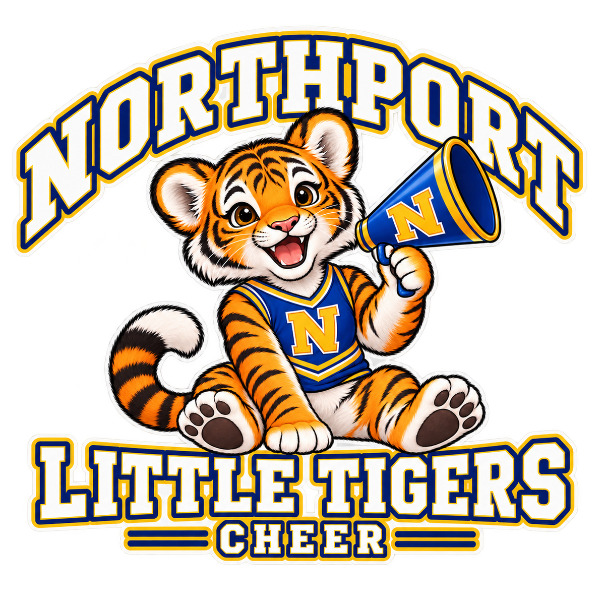 Northport Little Tigers Cheer Wall Decal — Blue & Gold with collegiate tiger artwork and N megaphone