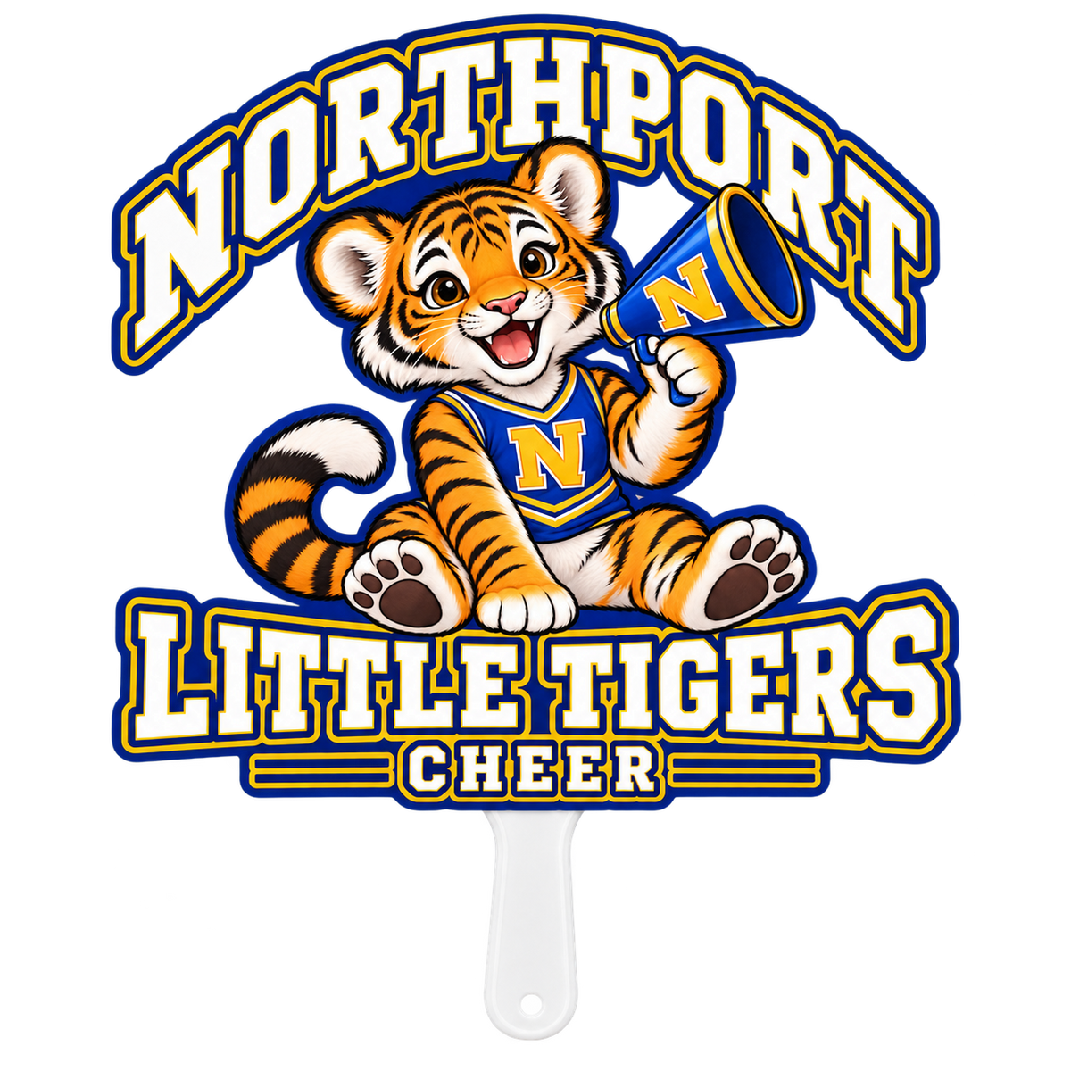 Northport Little Tigers Cheer Handheld Fan Cutout — Blue & Gold with collegiate tiger artwork and N megaphone