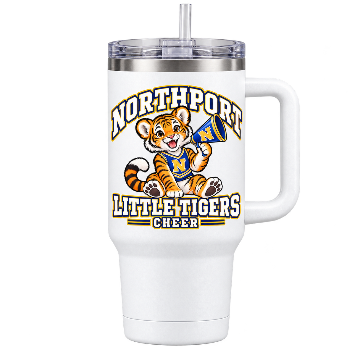 Northport Little Tigers Cheer 40 oz Handled Tumbler — White with collegiate tiger artwork and N megaphone