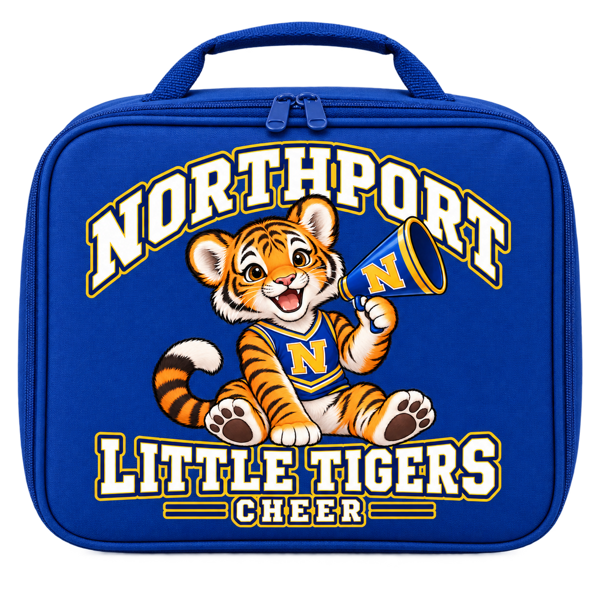 Northport Little Tigers Cheer Lunch Bag — Royal with collegiate tiger artwork and N megaphone