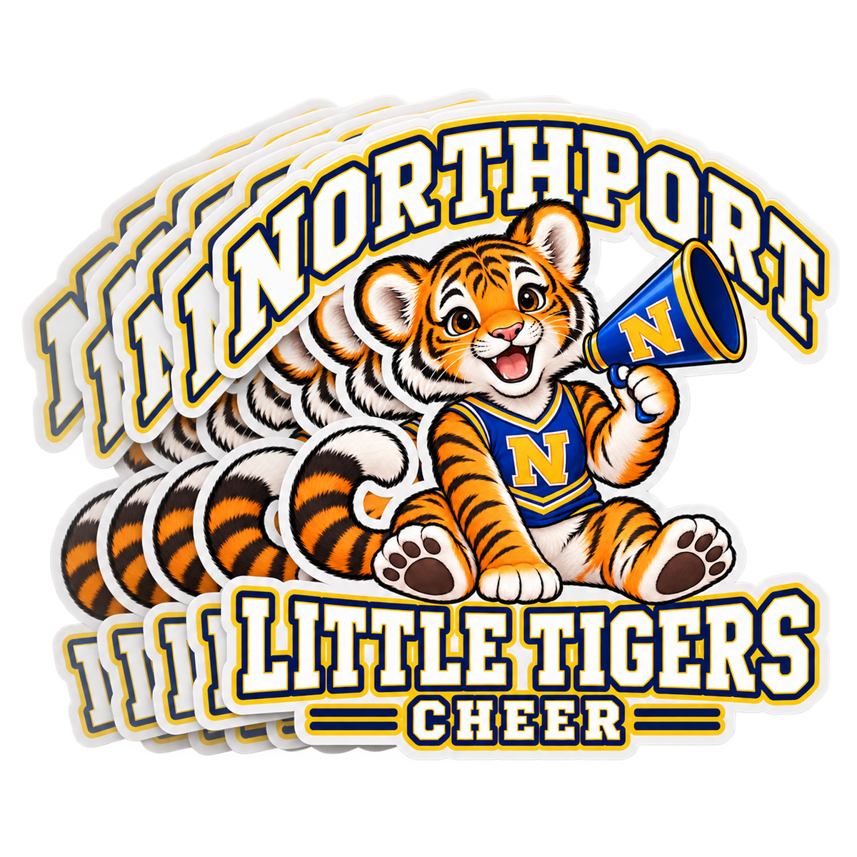 Northport Little Tigers Cheer Six-Piece Spirit Sticker Pack — Blue & Gold with collegiate tiger artwork and N megaphone