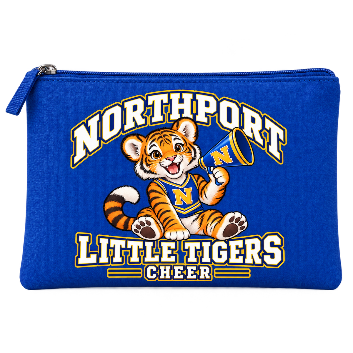 Northport Little Tigers Cheer Pencil Pouch — Royal with collegiate tiger artwork and N megaphone