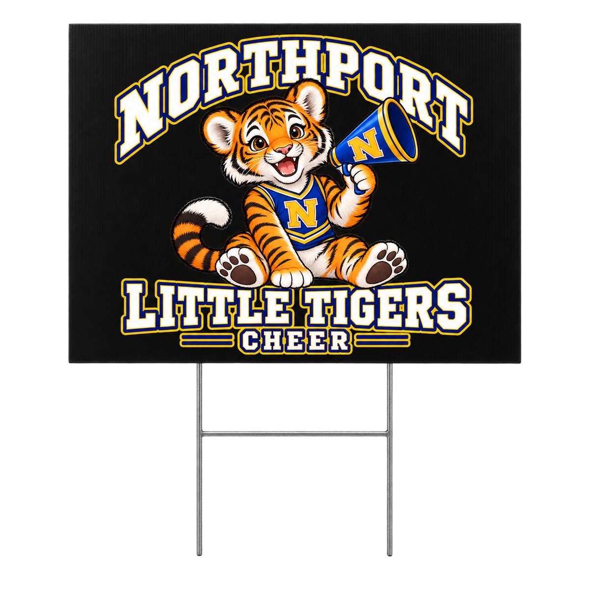 Northport Little Tigers Cheer Yard Sign — Black with collegiate tiger artwork and N megaphone