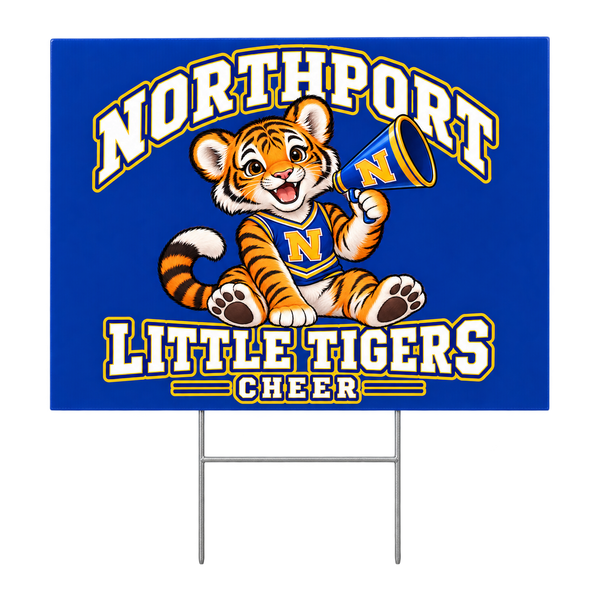 Northport Little Tigers Cheer Yard Sign — Royal with collegiate tiger artwork and N megaphone