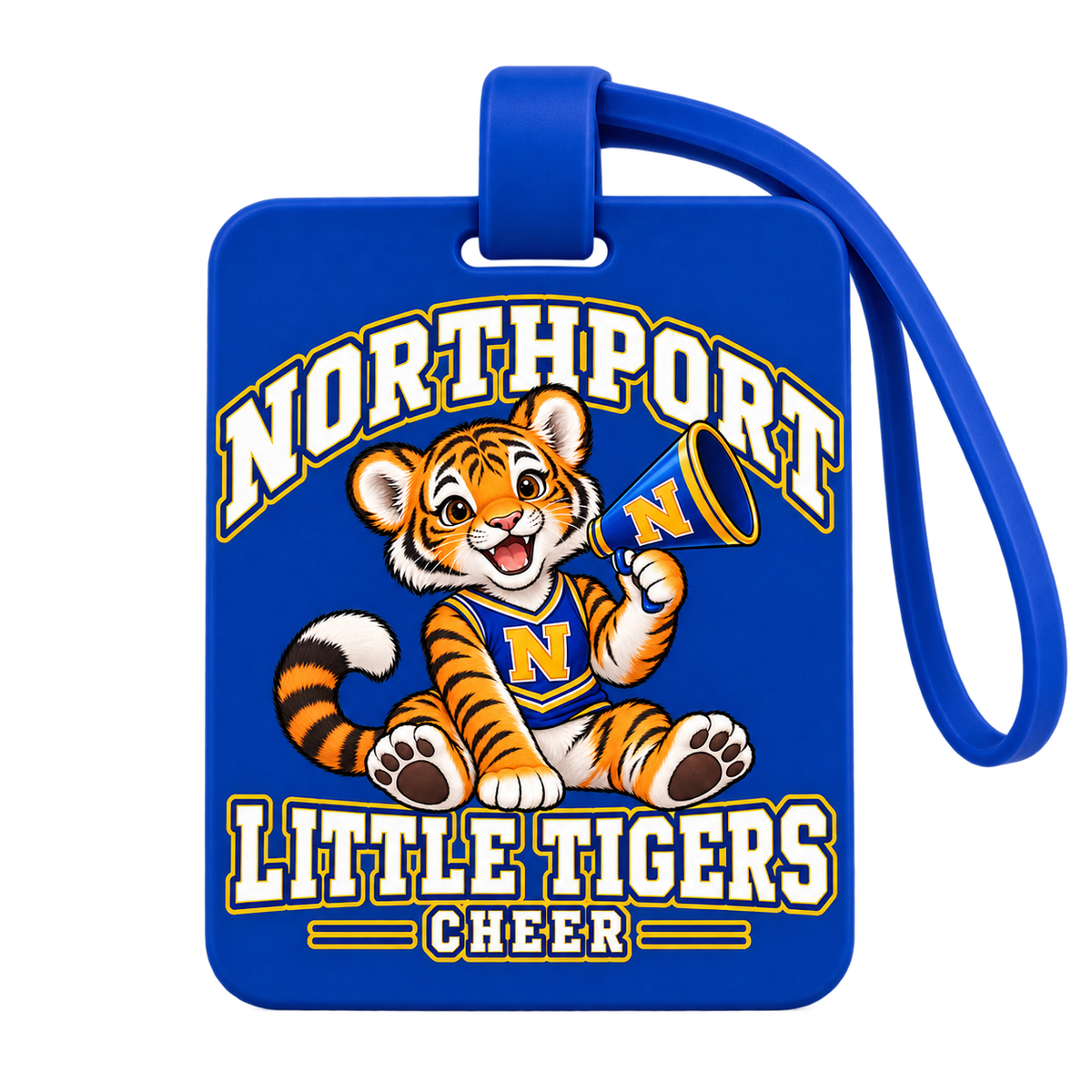 Northport Little Tigers Cheer Luggage Tag — Royal with collegiate tiger artwork and N megaphone