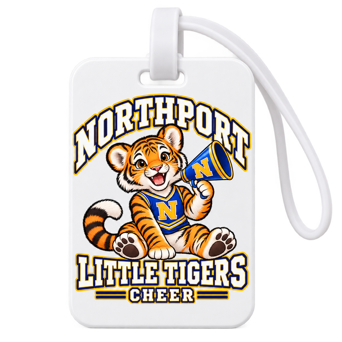 Northport Little Tigers Cheer Luggage Tag — White with collegiate tiger artwork and N megaphone