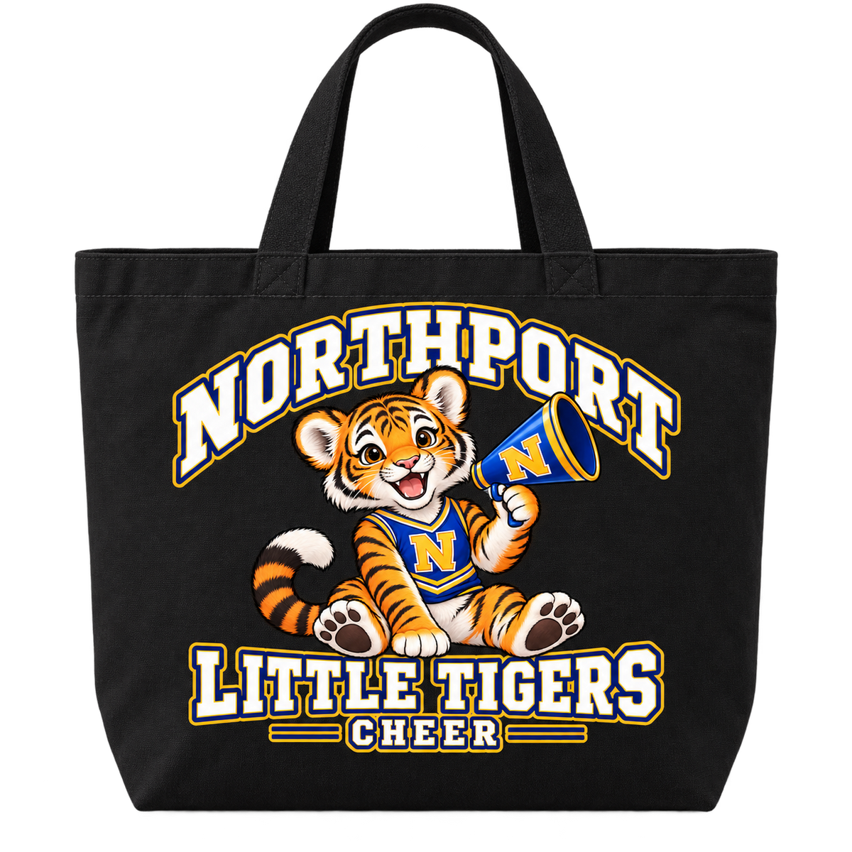Northport Little Tigers Cheer Everyday Tote — Black with collegiate tiger artwork and N megaphone