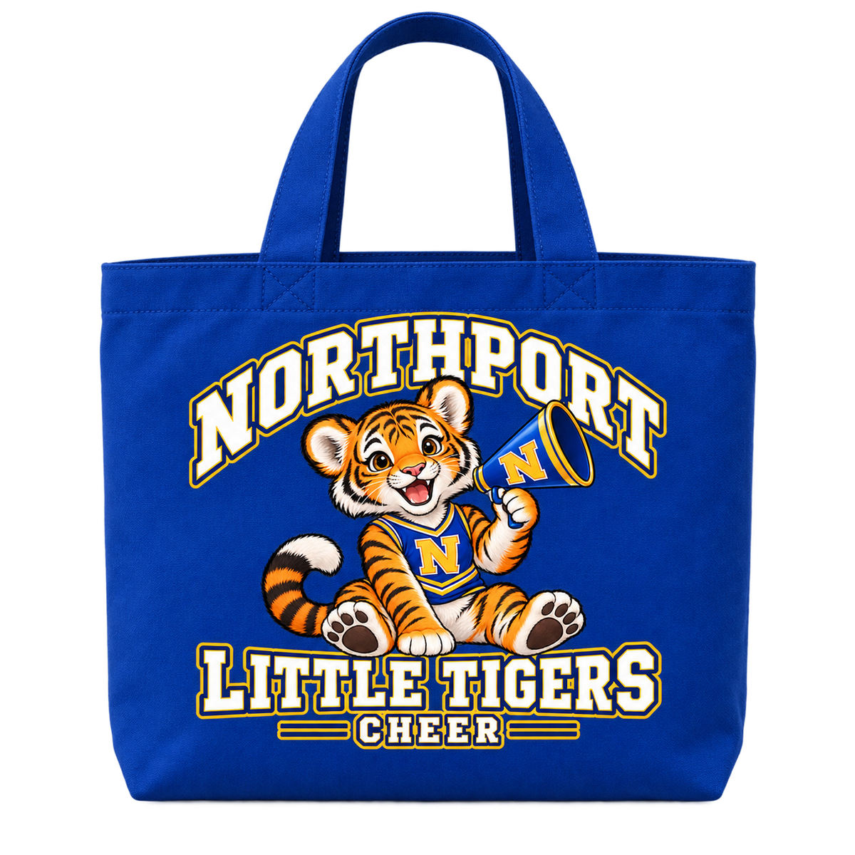 Northport Little Tigers Cheer Everyday Tote — Royal with collegiate tiger artwork and N megaphone