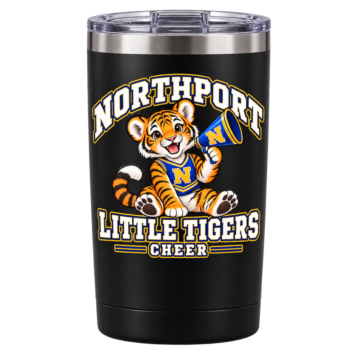 Northport Little Tigers Cheer 20 oz Tumbler — Black with collegiate tiger artwork and N megaphone