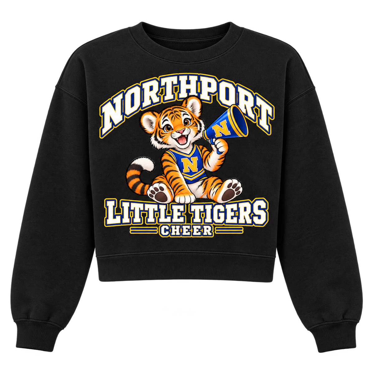 Northport Little Tigers Cheer Women’s Cropped Crewneck — Black with collegiate tiger artwork and N megaphone