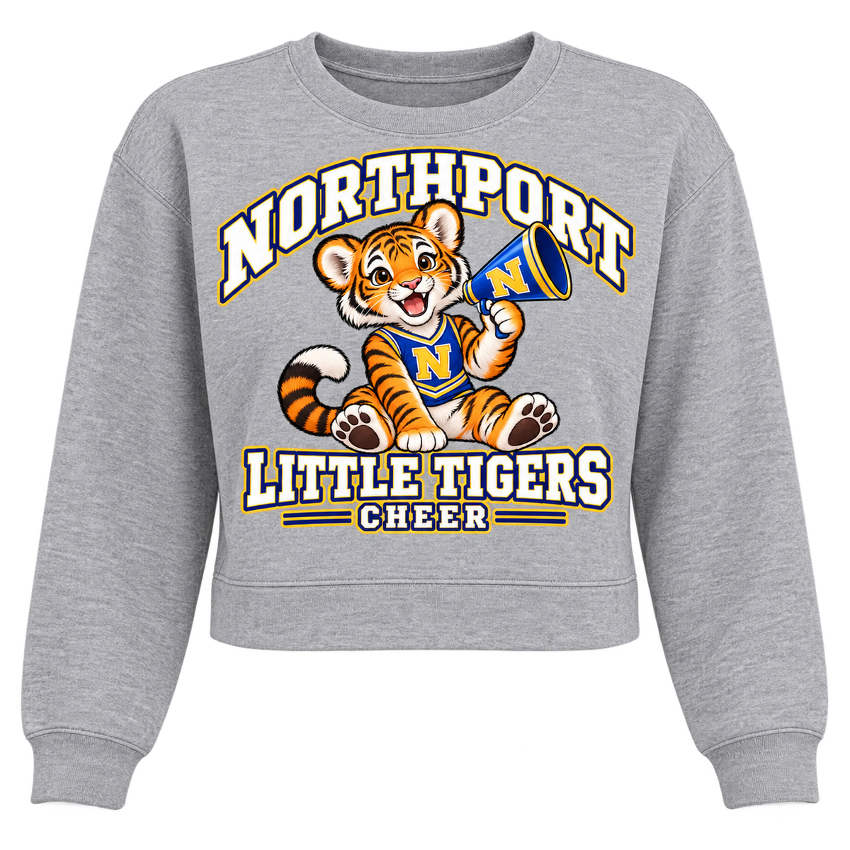 Northport Little Tigers Cheer Women’s Cropped Crewneck — Heather Gray with collegiate tiger artwork and N megaphone