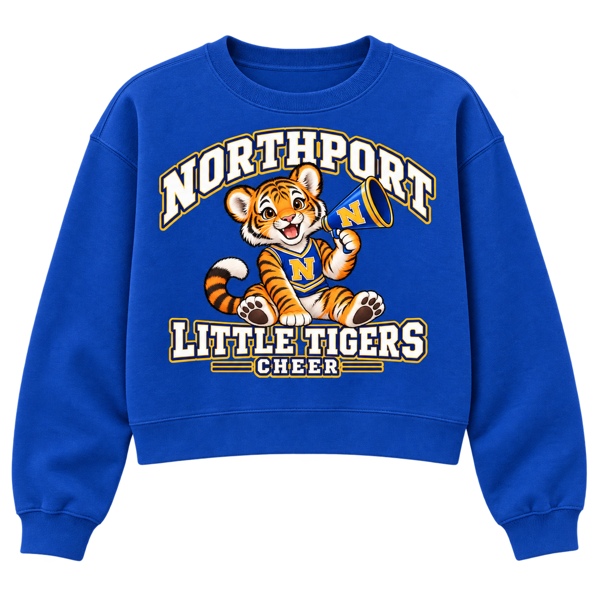 Northport Little Tigers Cheer Women’s Cropped Crewneck — Royal with collegiate tiger artwork and N megaphone