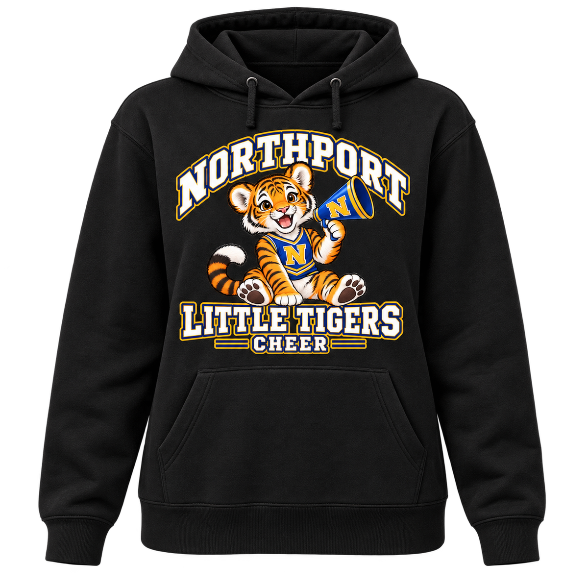 Northport Little Tigers Cheer Women’s Pullover Hoodie — Black with collegiate tiger artwork and N megaphone