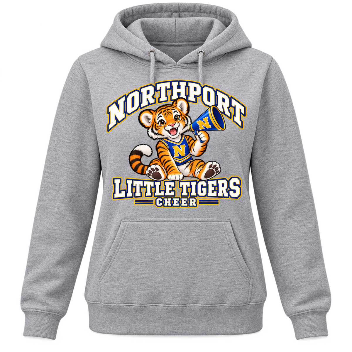 Northport Little Tigers Cheer Women’s Pullover Hoodie — Heather Gray with collegiate tiger artwork and N megaphone
