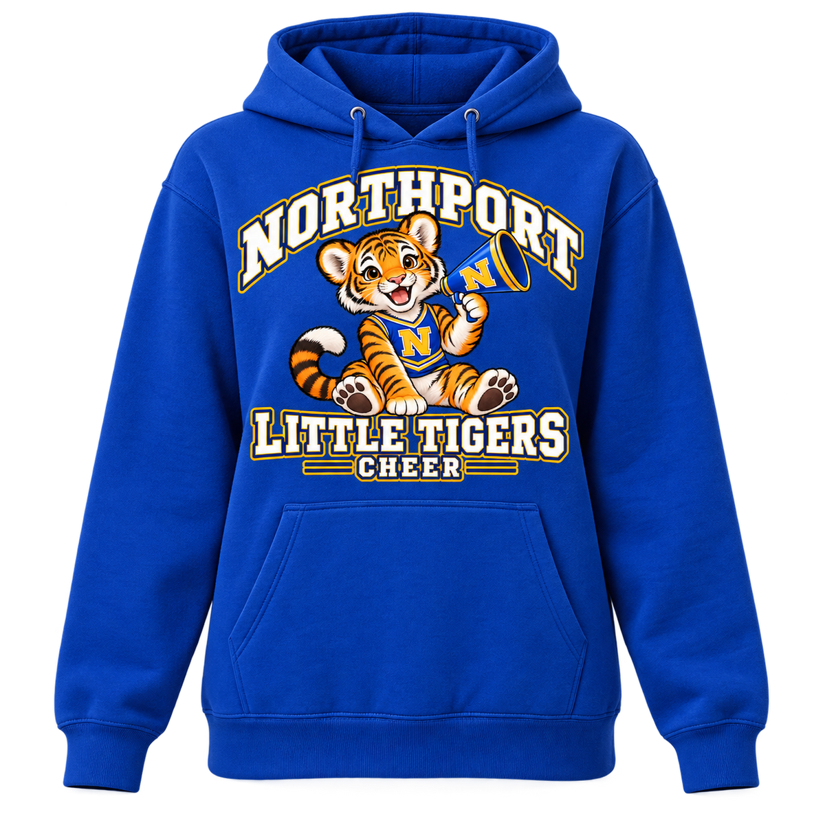 Northport Little Tigers Cheer Women’s Pullover Hoodie — Royal with collegiate tiger artwork and N megaphone