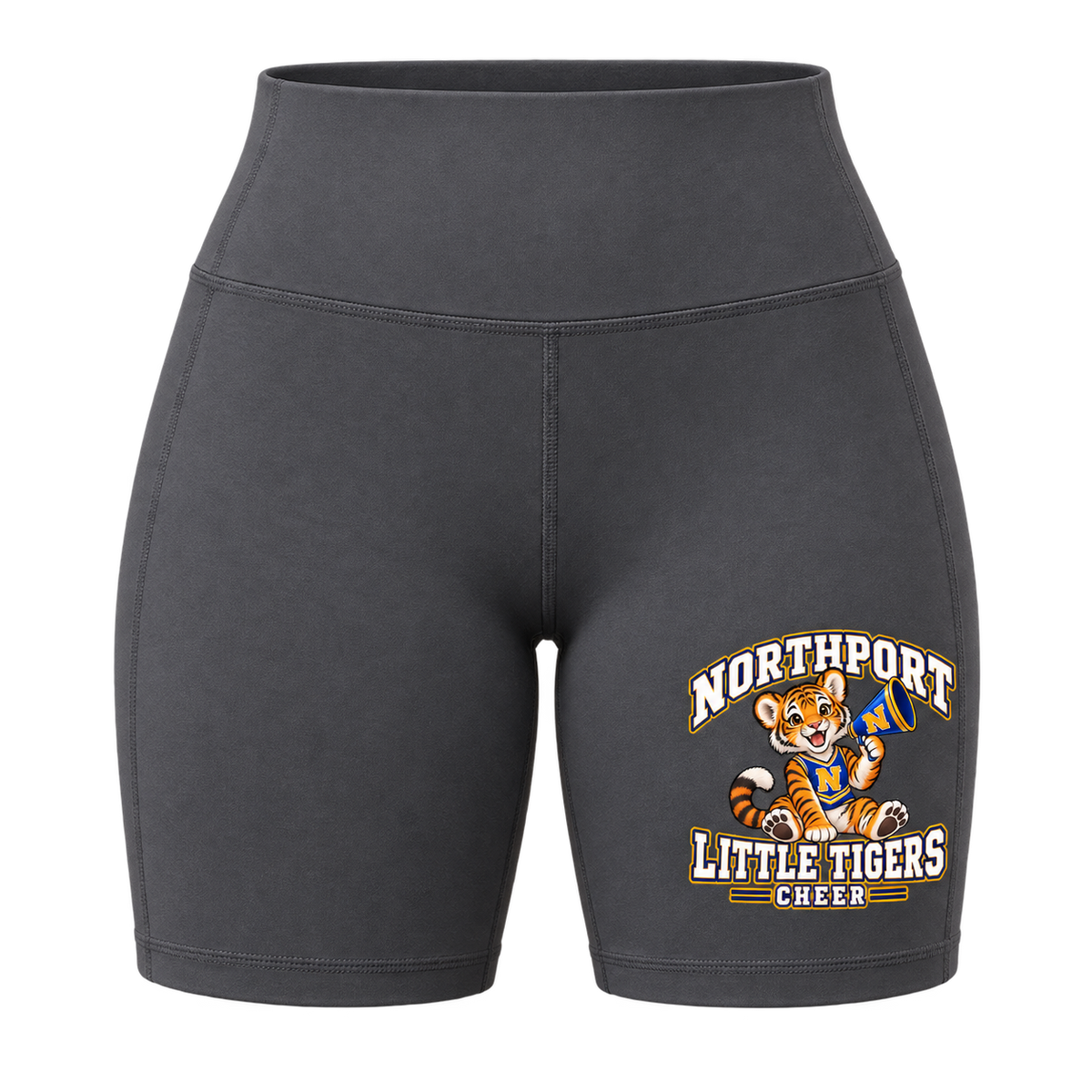 Northport Little Tigers Cheer Women’s Bike Shorts — Charcoal with collegiate tiger artwork and N megaphone