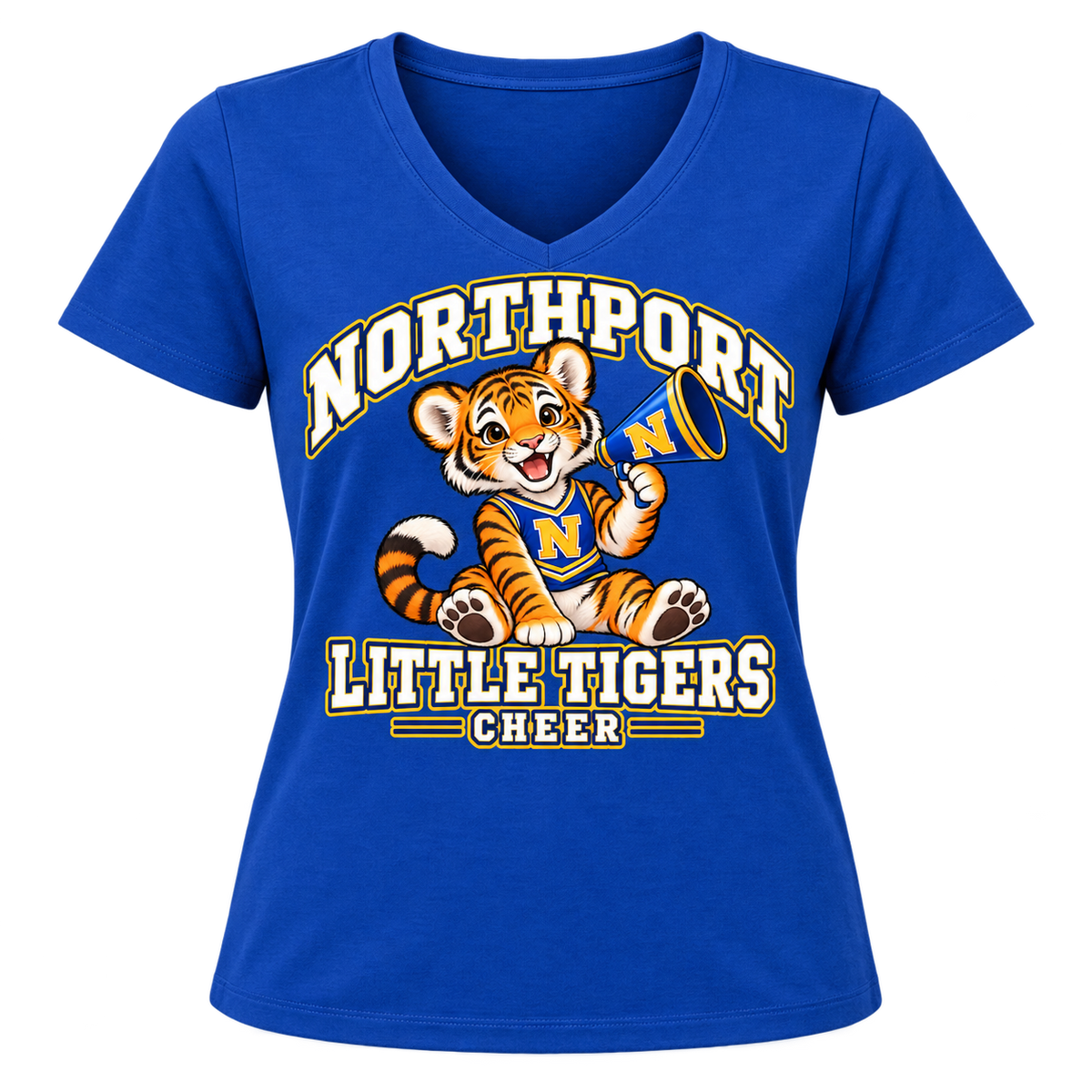 Northport Little Tigers Cheer Women’s V-Neck T-Shirt — Royal with collegiate tiger artwork and N megaphone