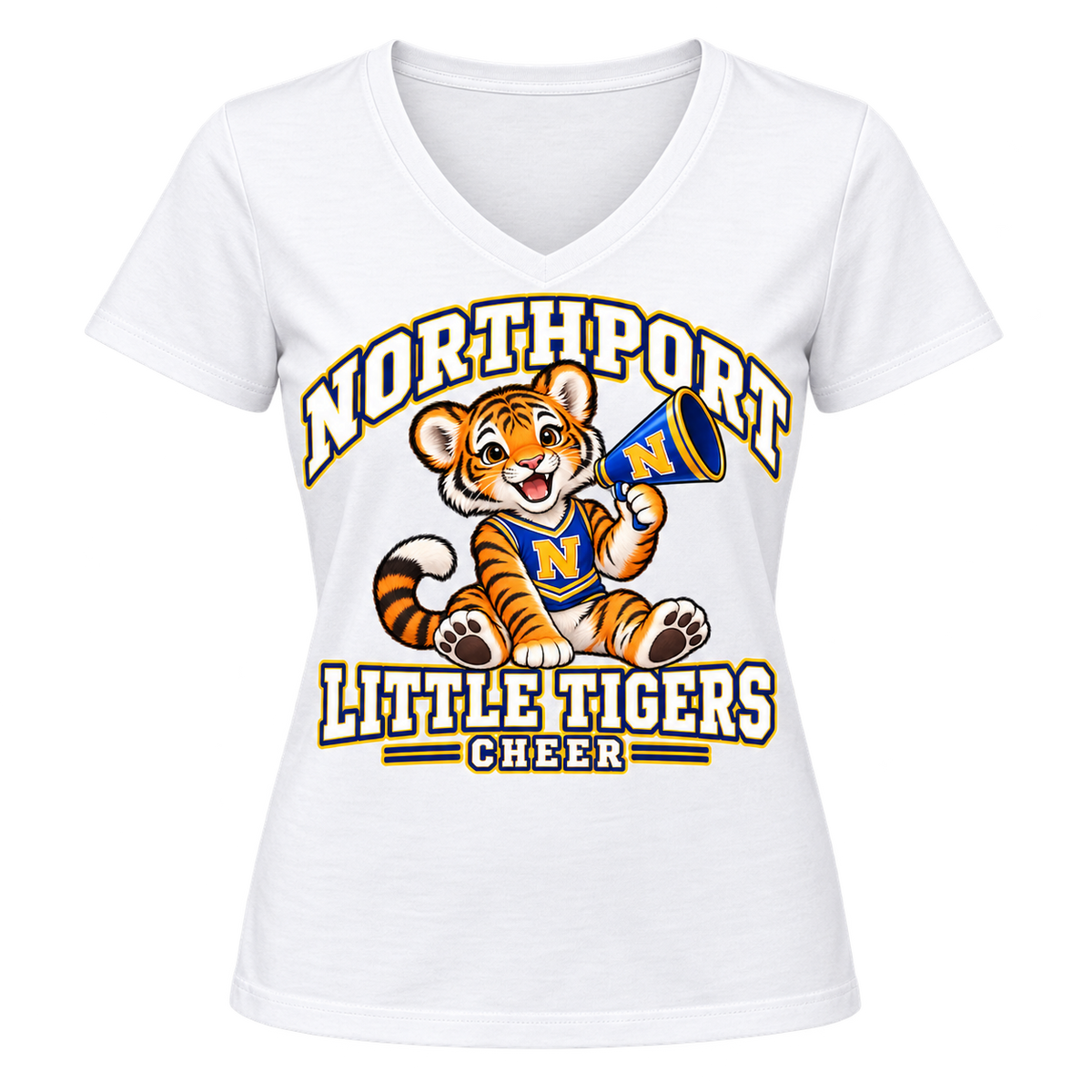 Northport Little Tigers Cheer Women’s V-Neck T-Shirt — White with collegiate tiger artwork and N megaphone