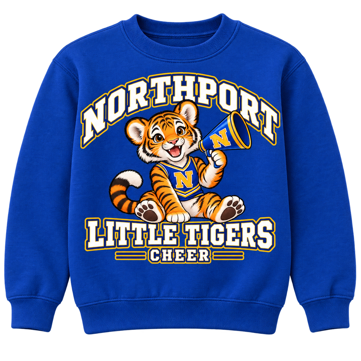 Northport Little Tigers Cheer Youth Crewneck Sweatshirt — Royal with collegiate tiger artwork and N megaphone