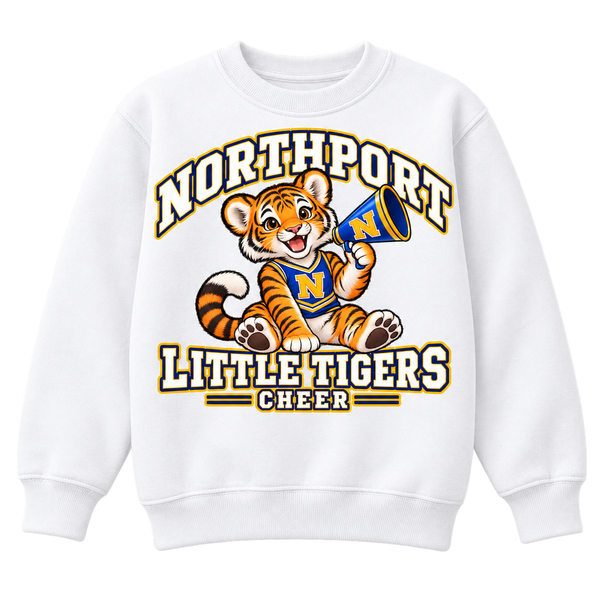 Northport Little Tigers Cheer Youth Crewneck Sweatshirt — White with collegiate tiger artwork and N megaphone