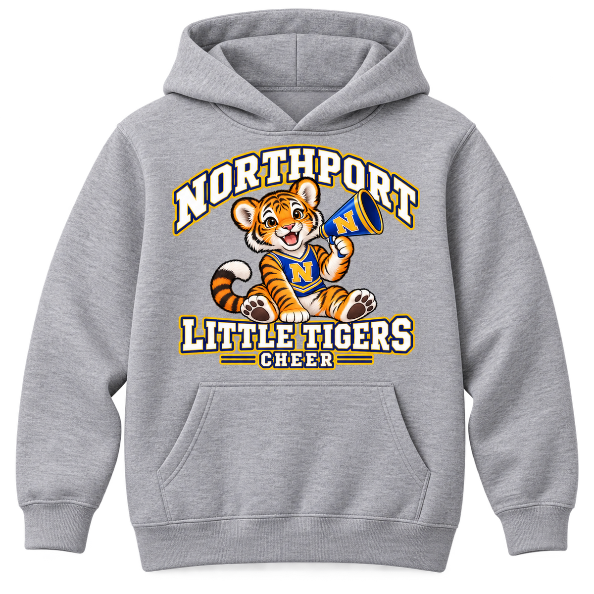 Northport Little Tigers Cheer youth hoodie athletic-heather collegiate design with N megaphone