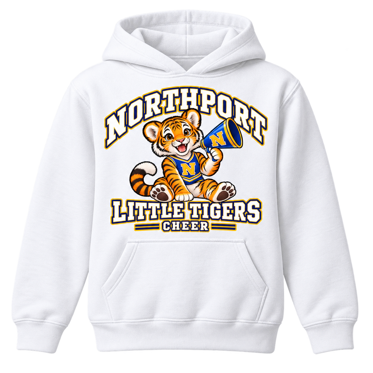 Northport Little Tigers Cheer youth hoodie white collegiate design with N megaphone