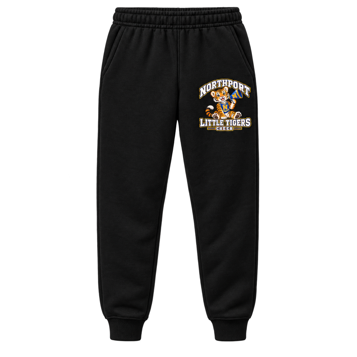 Northport Little Tigers Cheer Youth Joggers — Black with collegiate tiger artwork and N megaphone