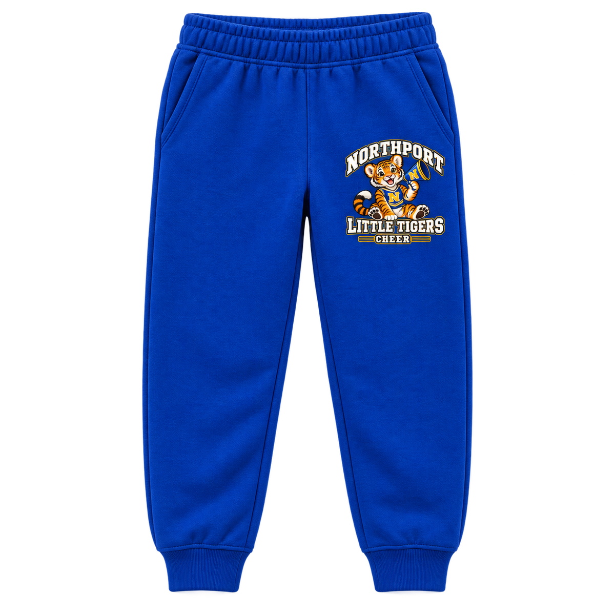 Northport Little Tigers Cheer Youth Joggers — Royal with collegiate tiger artwork and N megaphone