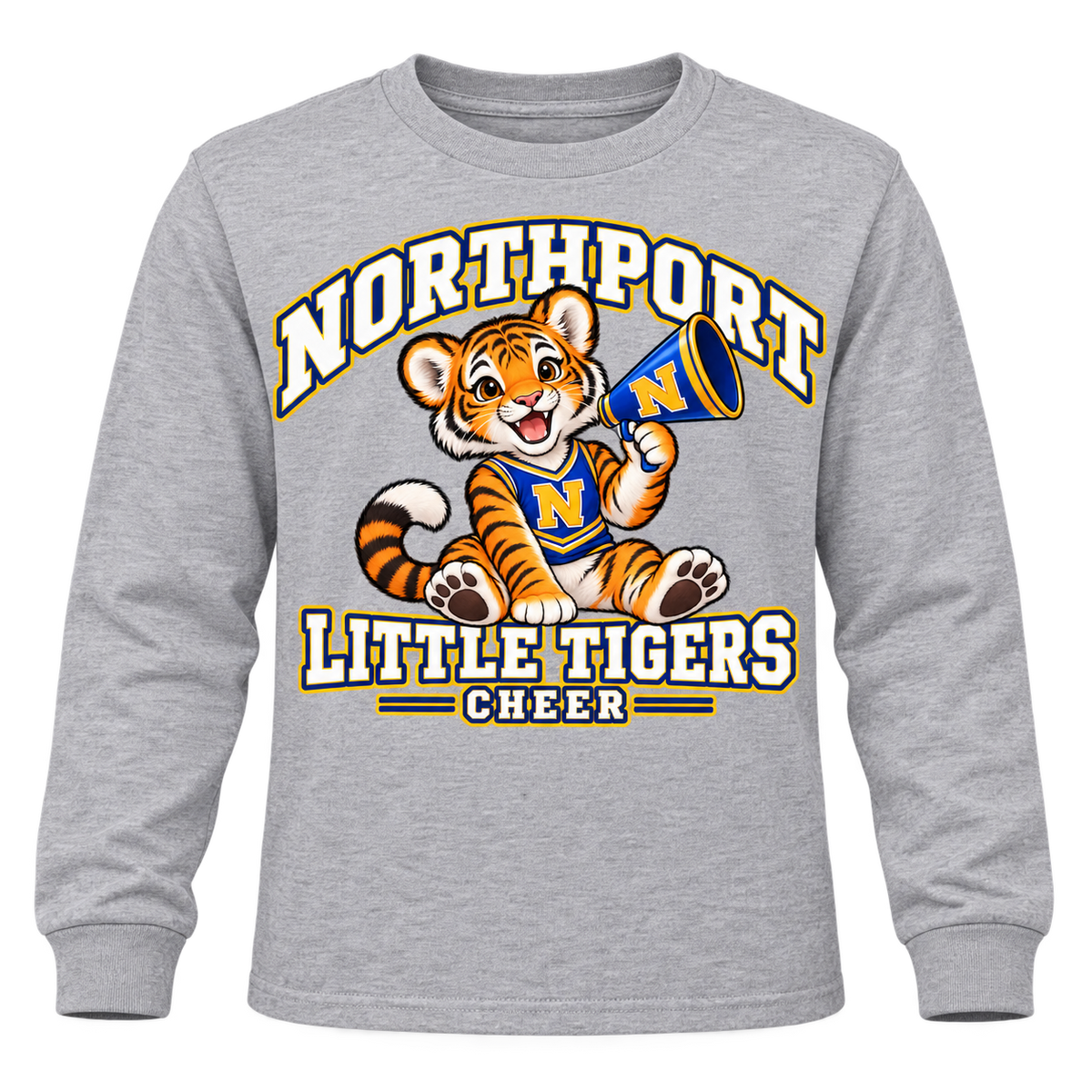 Northport Little Tigers Cheer Youth Long Sleeve — Heather Gray with collegiate tiger artwork and N megaphone
