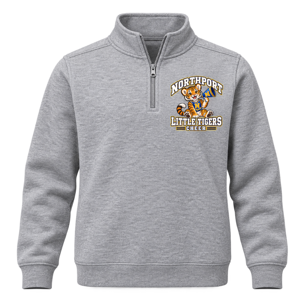 Northport Little Tigers Cheer Youth Quarter-Zip Pullover — Heather Gray with collegiate tiger artwork and N megaphone
