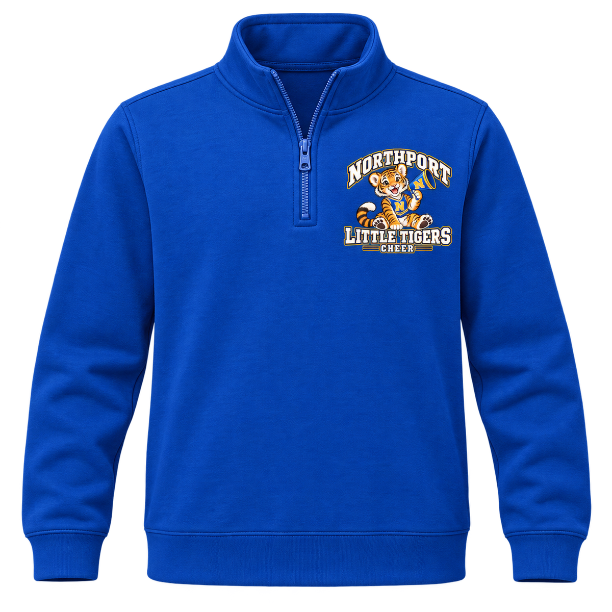 Northport Little Tigers Cheer Youth Quarter-Zip Pullover — Royal with collegiate tiger artwork and N megaphone
