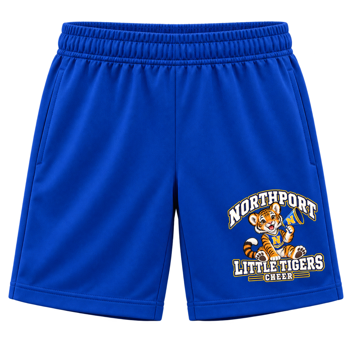 Northport Little Tigers Cheer Youth Athletic Shorts — Royal with collegiate tiger artwork and N megaphone