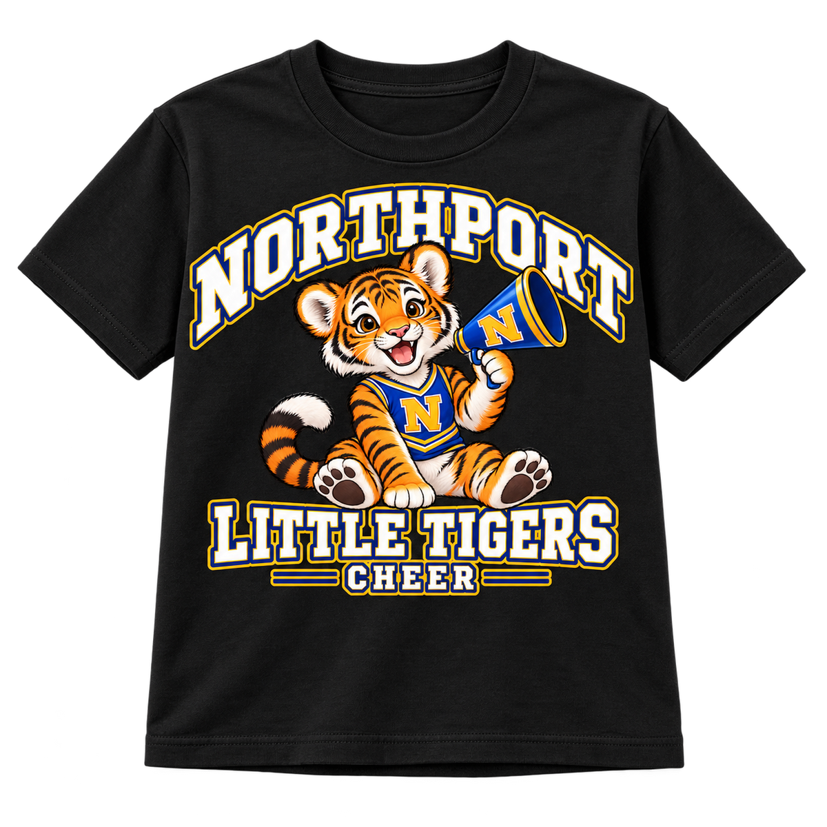 Northport Little Tigers Cheer youth T-shirt black with collegiate lettering and N megaphone