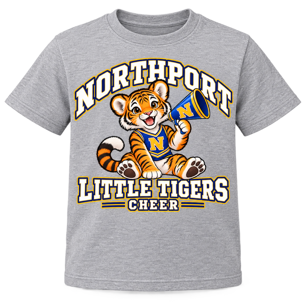 Northport Little Tigers Cheer youth T-shirt heather-gray with collegiate lettering and N megaphone