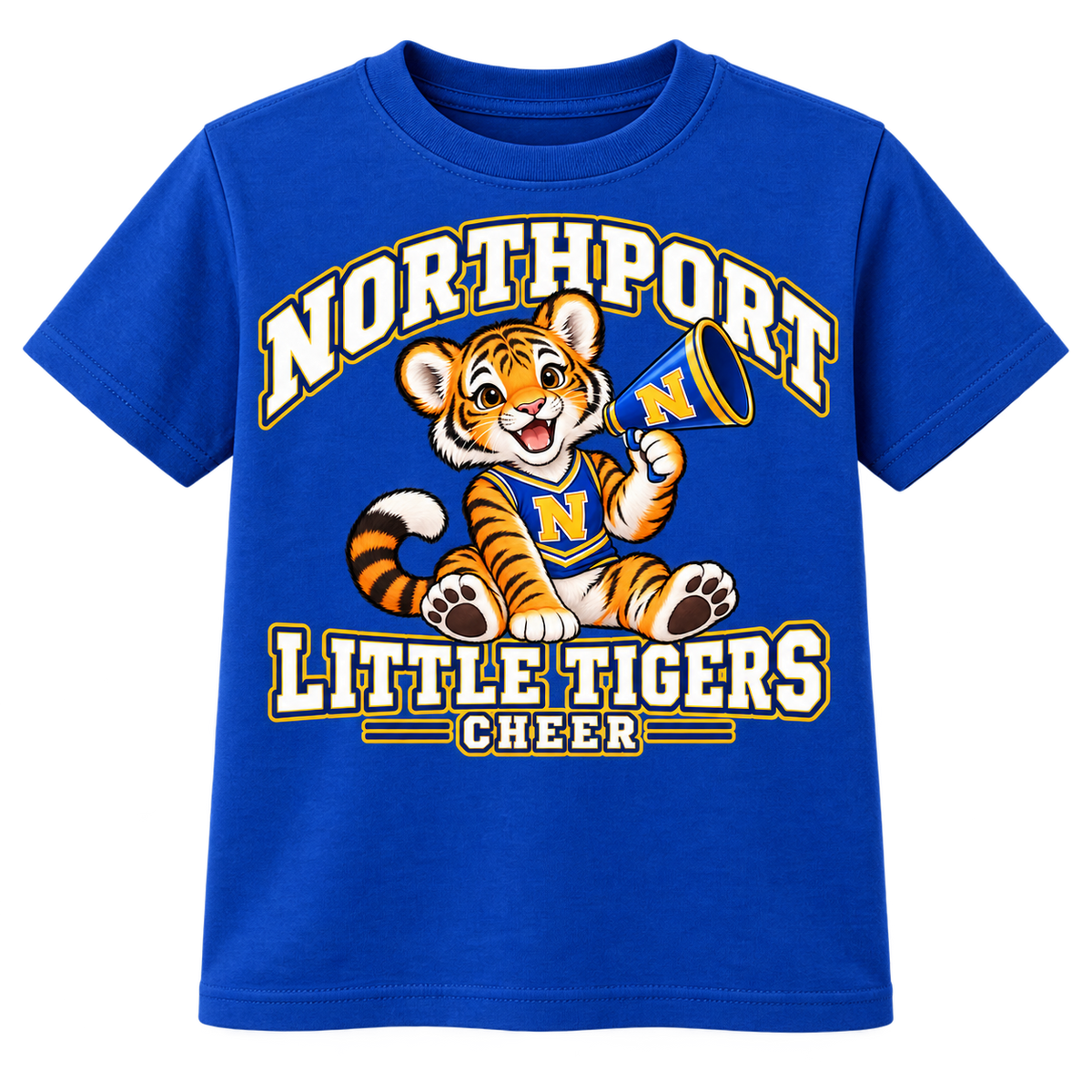 Northport Little Tigers Cheer youth T-shirt royal with collegiate lettering and N megaphone