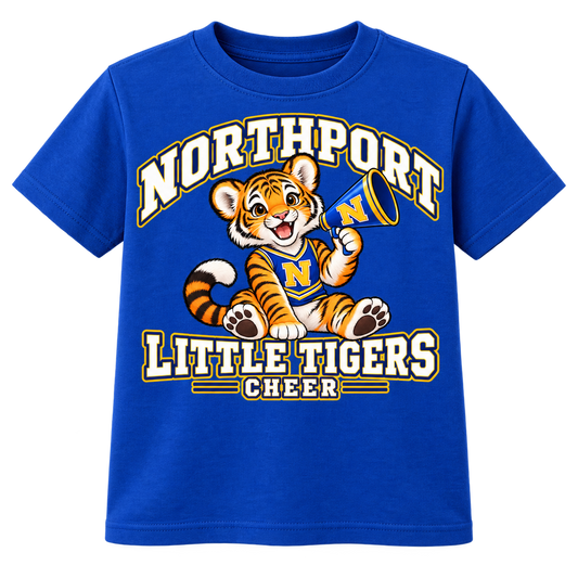 Northport Little Tigers Cheer youth T-shirt royal with collegiate lettering and N megaphone