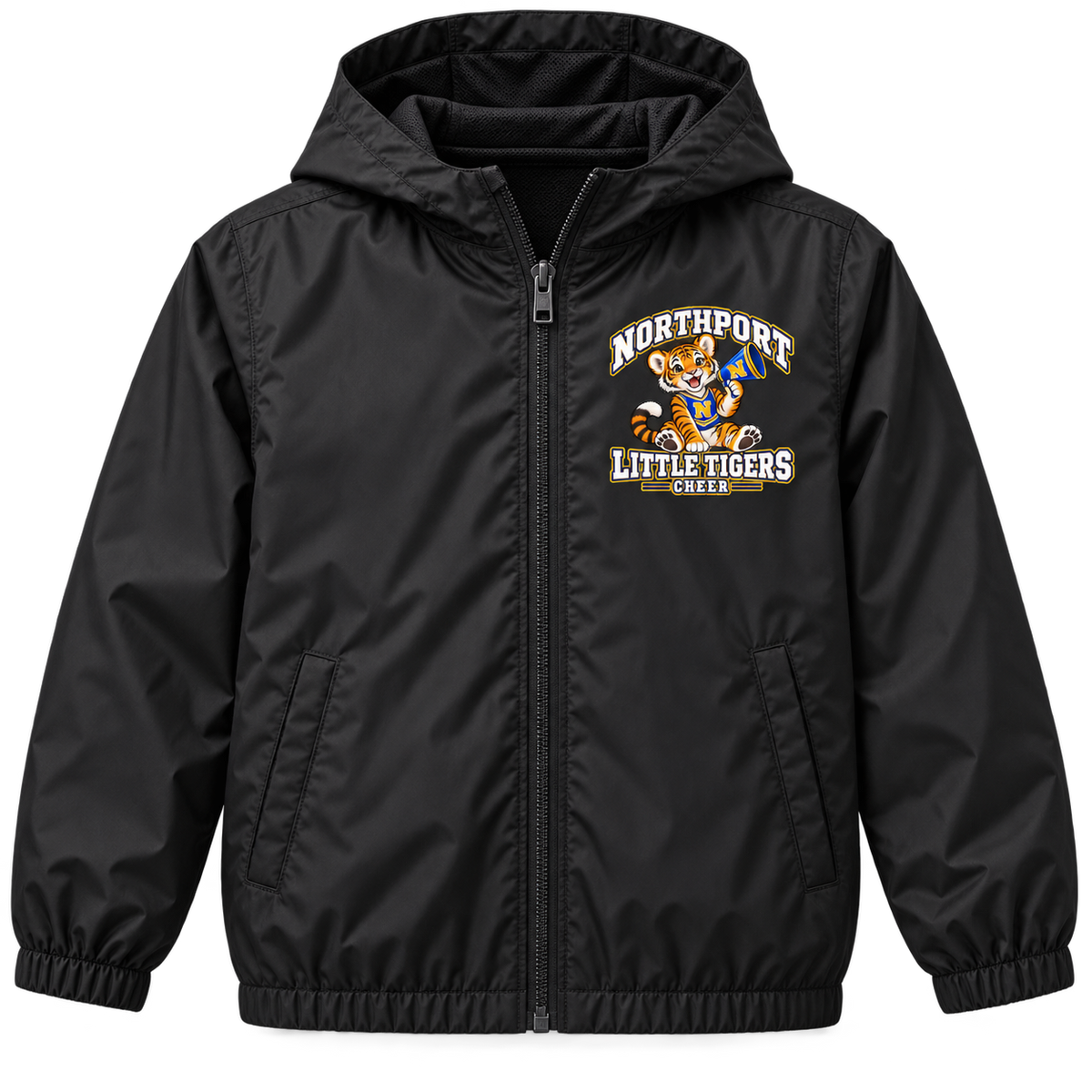 Northport Little Tigers Cheer Youth Windbreaker — Black with collegiate tiger artwork and N megaphone