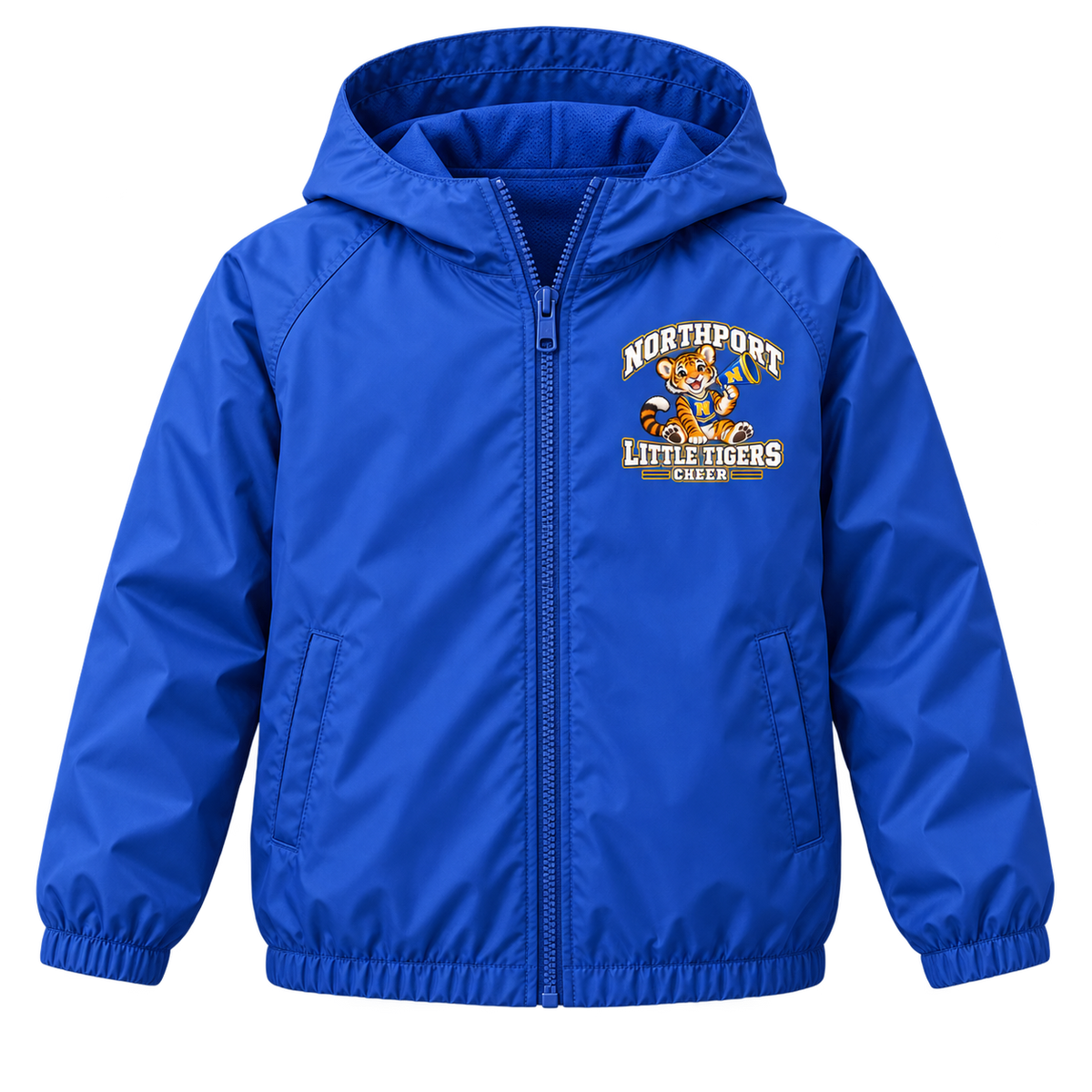 Northport Little Tigers Cheer Youth Windbreaker — Royal with collegiate tiger artwork and N megaphone