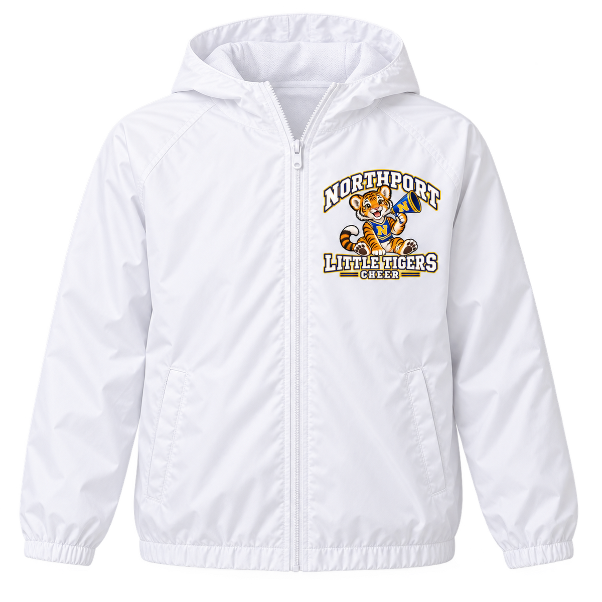 Northport Little Tigers Cheer Youth Windbreaker — White with collegiate tiger artwork and N megaphone