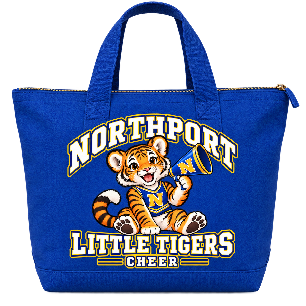 Northport Little Tigers Cheer Zippered Tote — Royal with collegiate tiger artwork and N megaphone