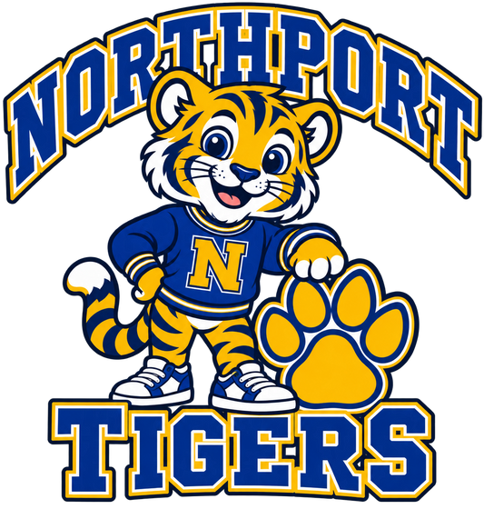 Original Northport Little Tigers die-cut artwork in royal blue, gold and white