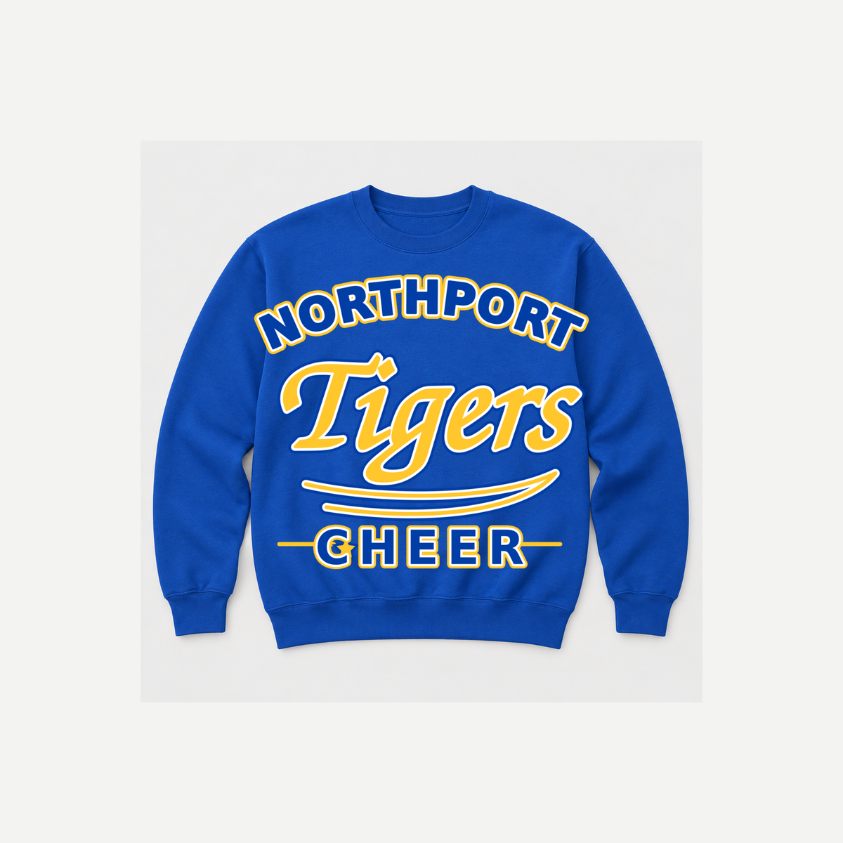 Northport Tigers Cheer varsity script adult crewneck in Royal Blue