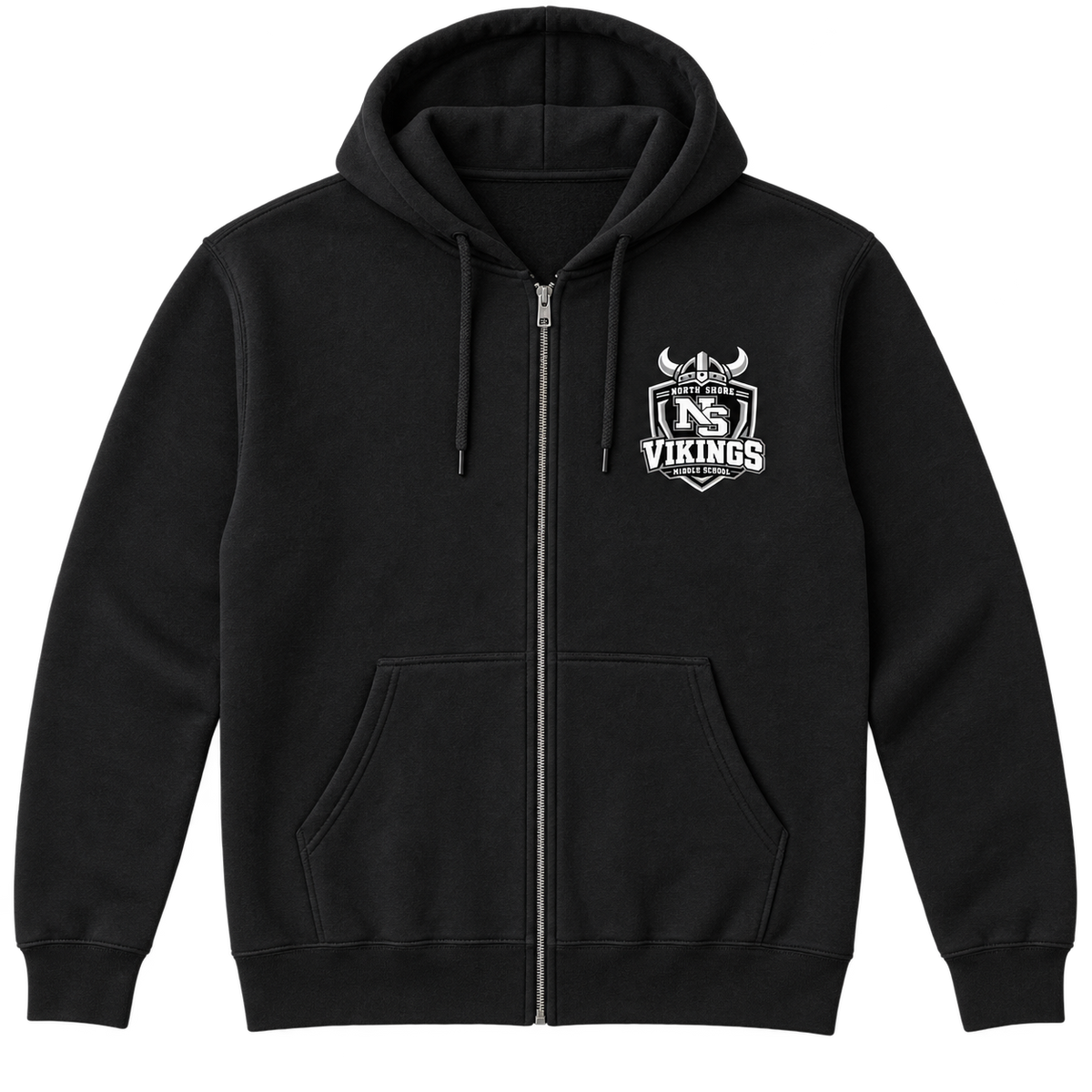Black North Shore Middle School — Viking Captain Full-Zip Hoodie, adult fit front digital mockup