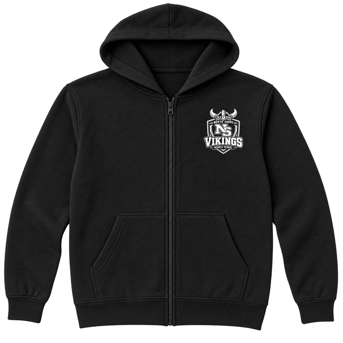 Black North Shore Middle School — Viking Captain Full-Zip Hoodie, youth fit front digital mockup