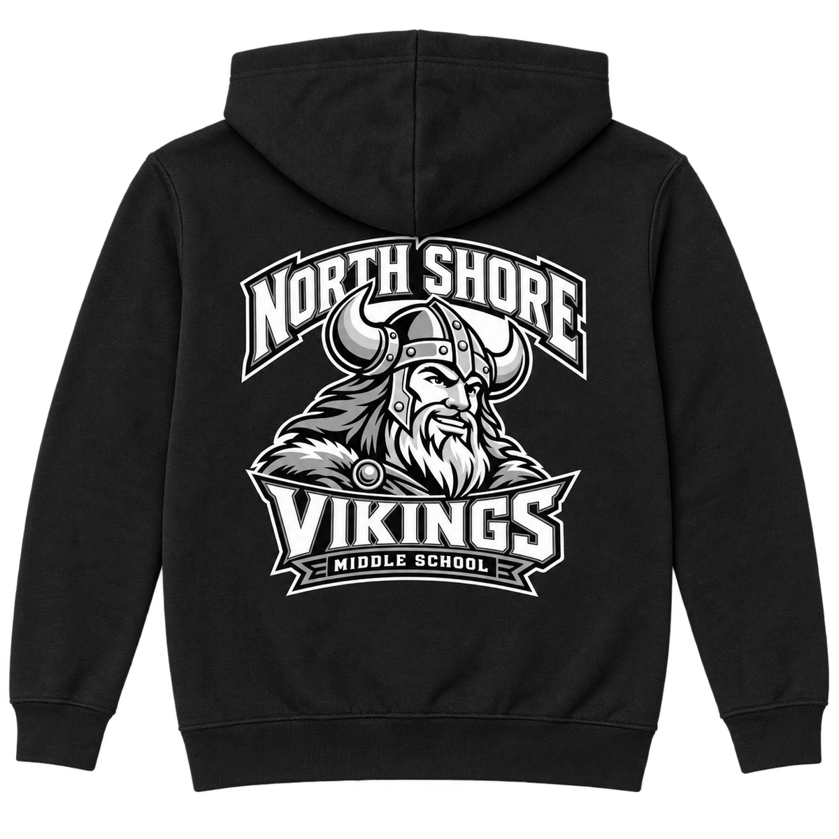 Black North Shore Middle School — Viking Captain Full-Zip Hoodie, youth fit back digital mockup