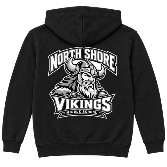 Black North Shore Middle School — Viking Captain Full-Zip Hoodie, youth fit back digital mockup